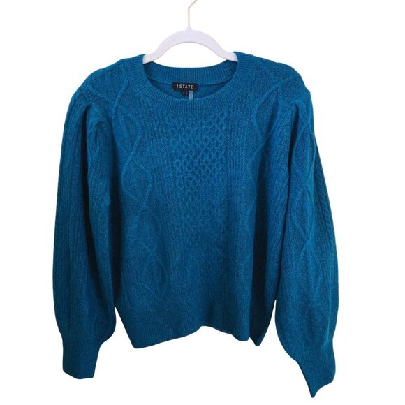 1. State NWT Variegated Cables Crew Sweater Teal Balloon Sleeve Size L - Picture 2 of 9